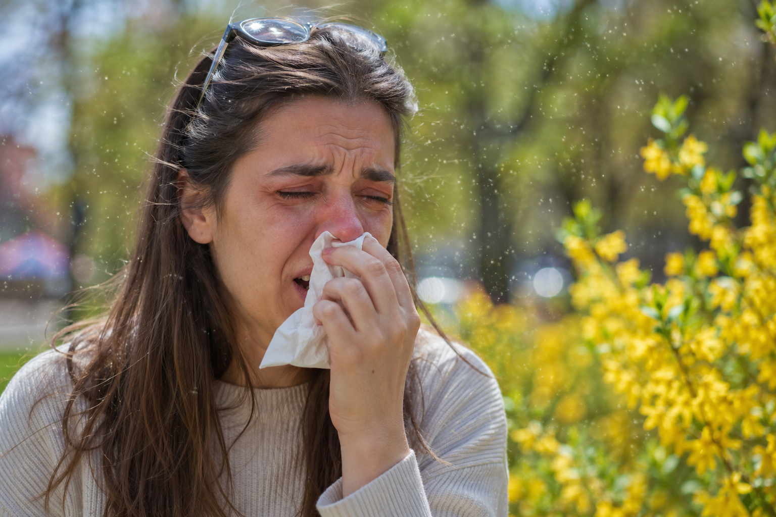 Woman with hayfever symptoms among spring pollen